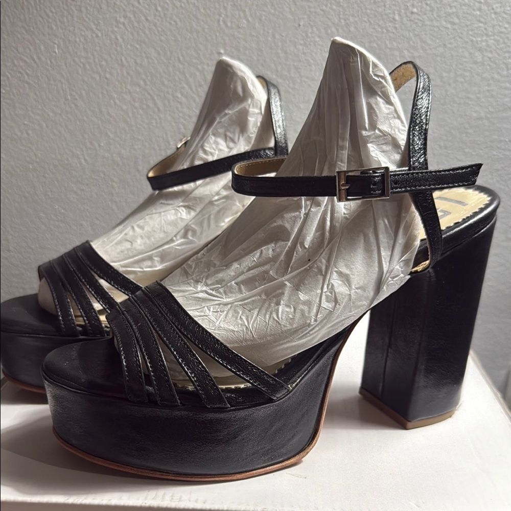 Black Platform Block Heel Leather Sandals with Ankle Strap